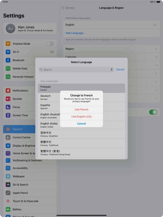 To select the new language as the default tablet language, press Use ‹language›. To select the new language as the default tablet language, press Use ‹language›.