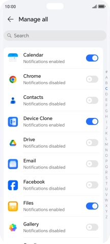 Press the indicators next to the required apps to turn the function on or off.