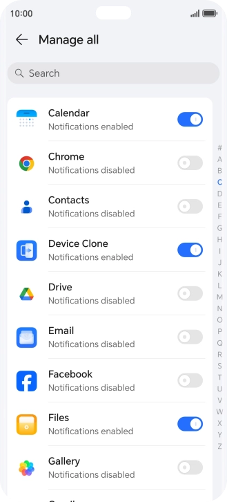 Press the indicators next to the required apps to turn the function on or off.