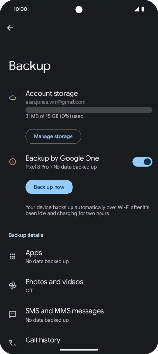 Press Back up now and wait while the phone memory is backed up.