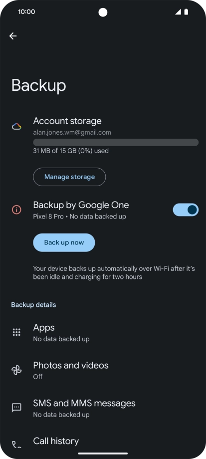 Press Back up now and wait while the phone memory is backed up.