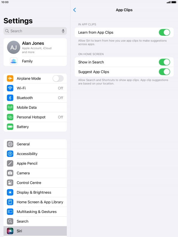 Press the indicators next to the required settings to turn them on or off.