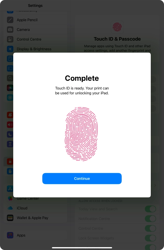 Press Continue. If you haven't previously selected a lock code, key in a code of your own choice twice.