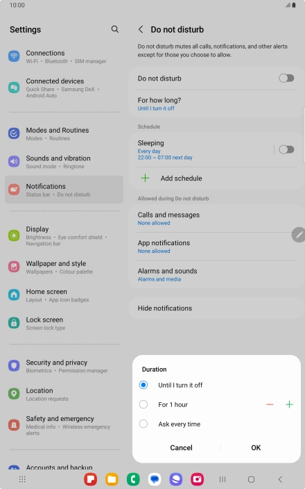 Press the required setting.