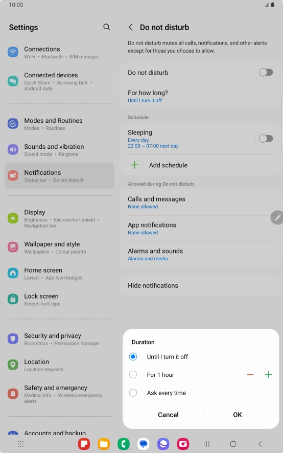 Press the required setting.