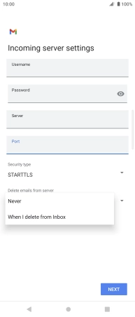 Press Never to keep email messages on the server when you delete them on your phone.