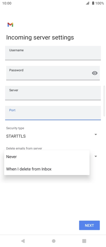 Press Never to keep email messages on the server when you delete them on your phone.