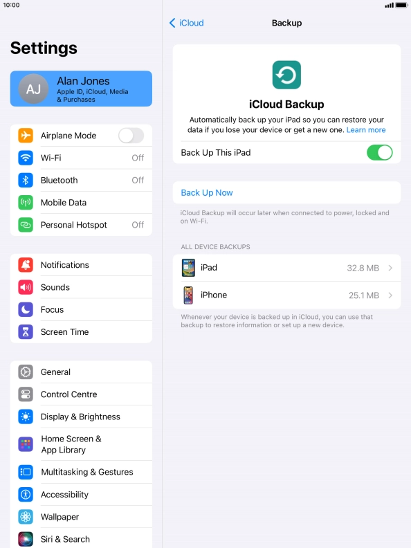 Press Back Up Now and wait while the tablet memory is backed up.