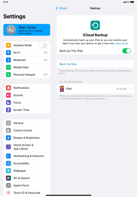 Press Back Up Now and wait while the tablet memory is backed up.
