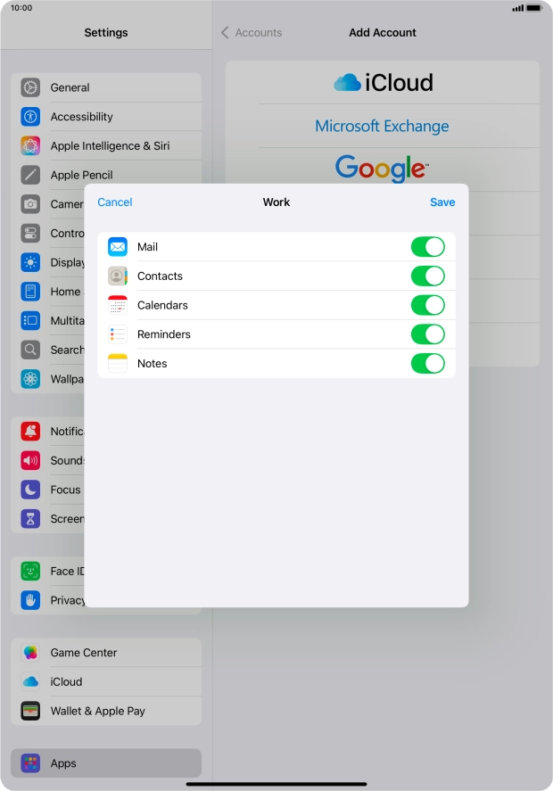 Press the indicators next to the required data types to turn synchronisation of each data type on or off.