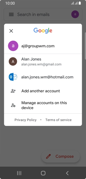 Press the required email account. Press the required email account.