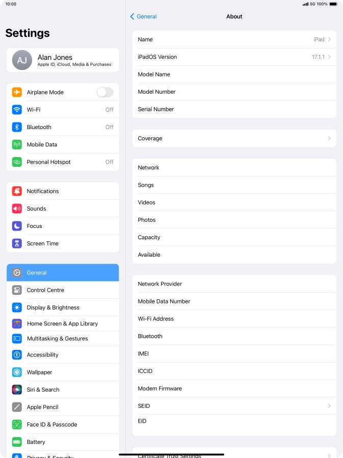 Your tablet's software version is displayed next to iPadOS Version.