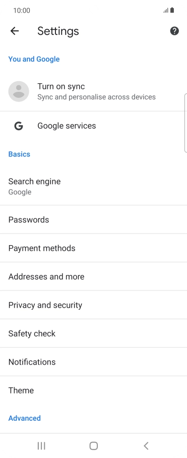 Press Privacy and security.