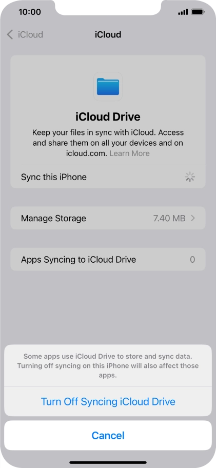 If you turn off the function, press Turn Off Syncing iCloud Drive. If you turn off the function, press Turn Off Syncing iCloud Drive.
