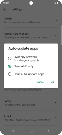 To turn on automatic update of apps using mobile network, press Over any network.