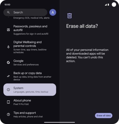 Press Erase all data. Wait a moment while the factory default settings are restored. Follow the instructions on the screen to set up your phone and prepare it for use.