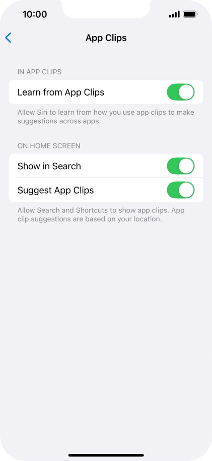 Press the indicators next to the required settings to turn them on or off.