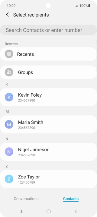 Press the search field and key in the first letters of the recipient's name.