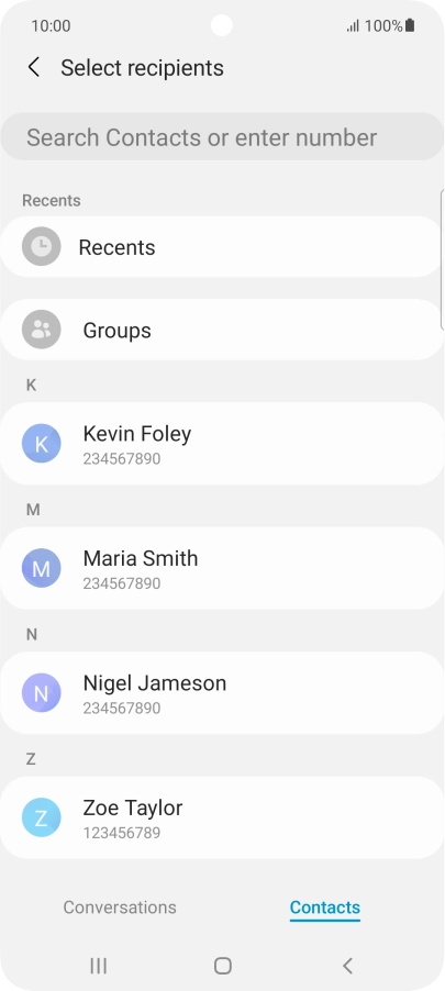 Press the search field and key in the first letters of the recipient's name.