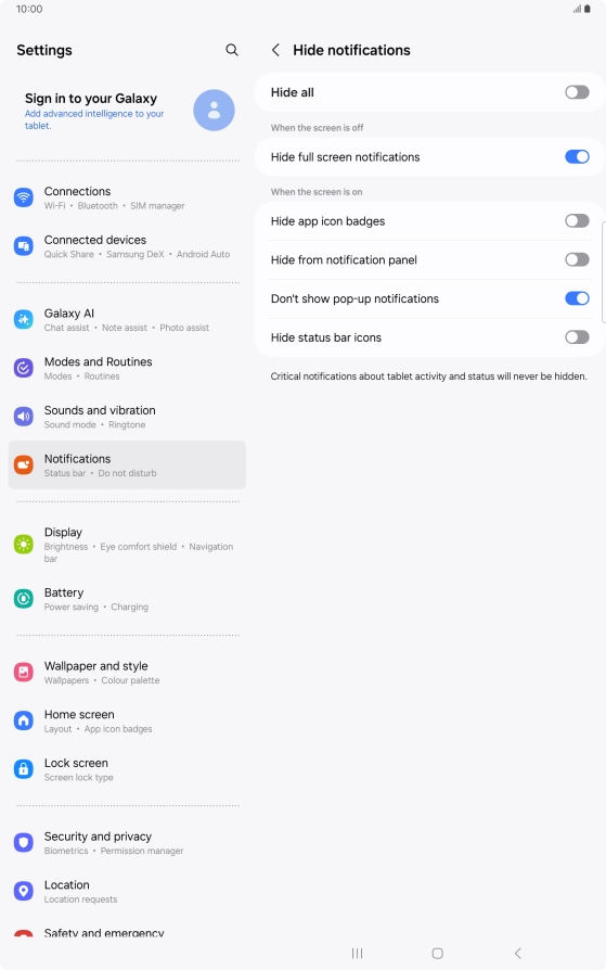 Press the indicators next to the required settings to turn display of the selected notification types on or off.