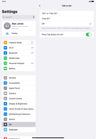 Press the required setting to turn the function on or off. If you turn on the function, you need to follow the instructions on the screen to set up Siri to recognise your voice.