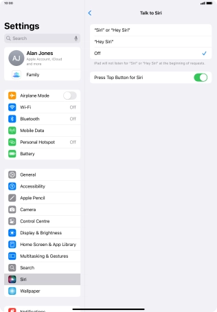 Press the required setting to turn the function on or off. If you turn on the function, you need to follow the instructions on the screen to set up Siri to recognise your voice. Press the required setting to turn the function on or off. If you turn on the function, you need to follow the instructions on the screen to set up Siri to recognise your voice.
