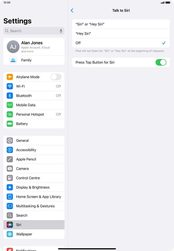 Press the required setting to turn the function on or off. If you turn on the function, you need to follow the instructions on the screen to set up Siri to recognise your voice. Press the required setting to turn the function on or off. If you turn on the function, you need to follow the instructions on the screen to set up Siri to recognise your voice.