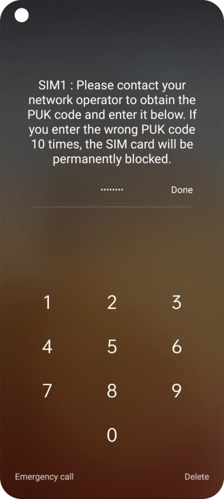 Key in the PUK and press Done.