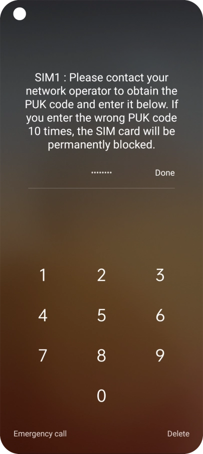 Key in the PUK and press Done.