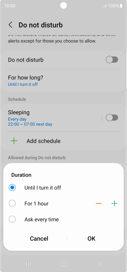 Press the required setting.