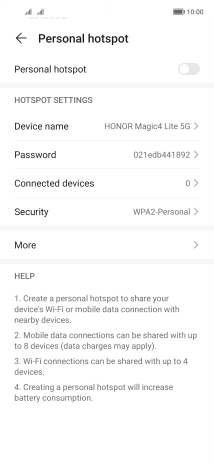 Press Device name and key in the required name for the Wi-Fi hotspot.