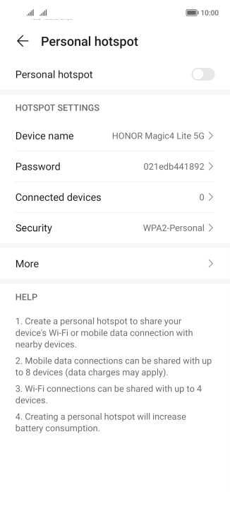 Press Device name and key in the required name for the Wi-Fi hotspot.