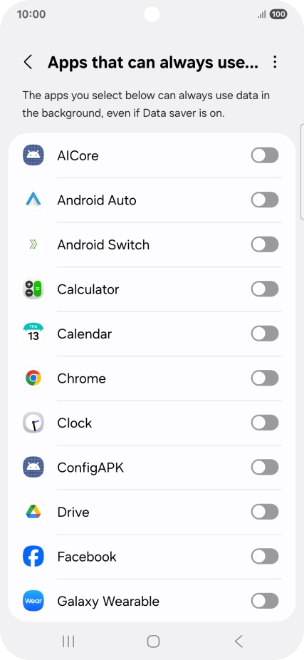 Press the indicators next to the required apps to turn the function on or off.