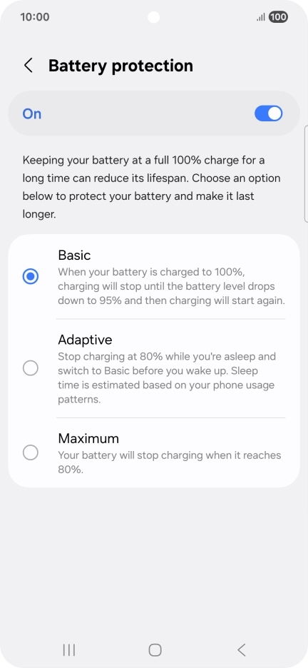 Press the required setting.