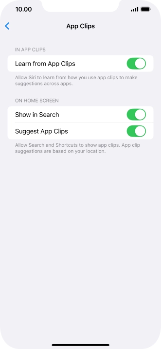 Press the indicators next to the required settings to turn them on or off.
