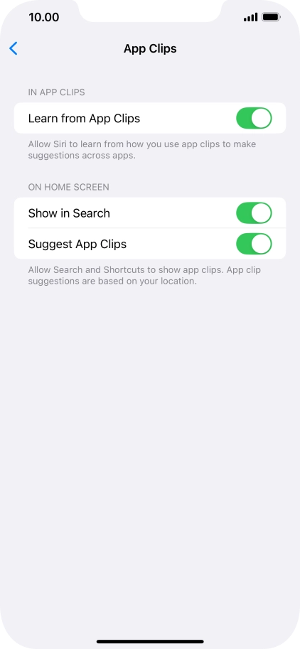 Press the indicators next to the required settings to turn them on or off.