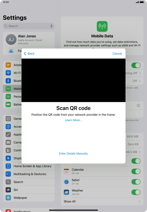 Place the QR code you've received inside the tablet camera frame to scan the code. Your eSIM is transferred to your new tablet over the internet.