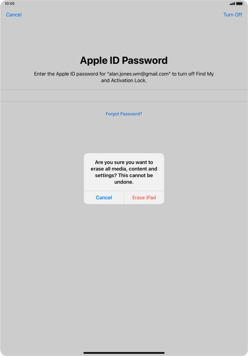 Key in the password for your Apple ID and press Erase iPad. Wait a moment while the factory default settings are restored. Follow the instructions on the screen to set up your tablet and prepare it for use.