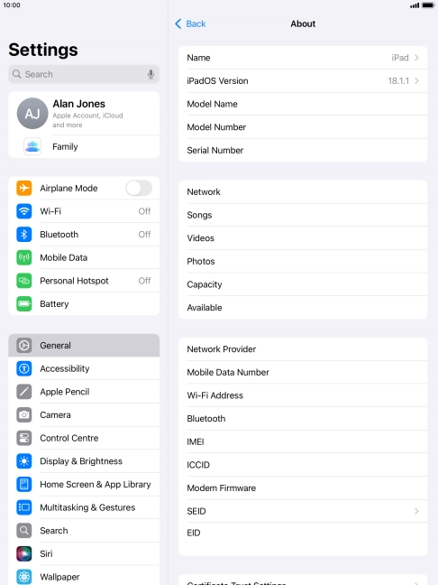 Your tablet's software version is displayed next to iPadOS Version.