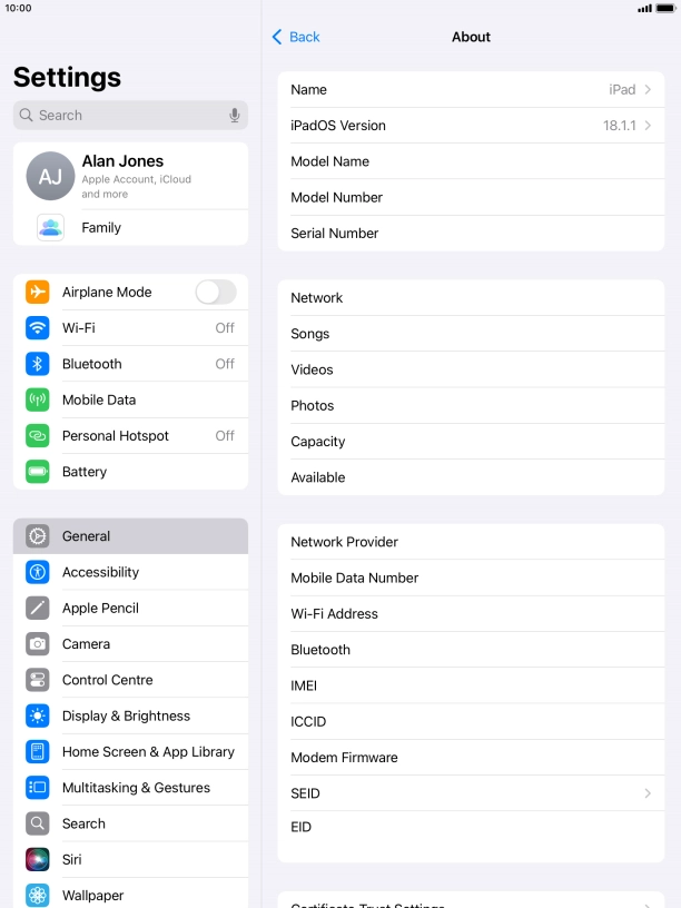 Your tablet's software version is displayed next to iPadOS Version.