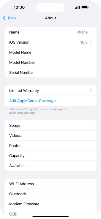 Your phone's software version is displayed next to iOS Version.
