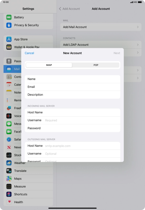 Press Username and key in the username for your email account.