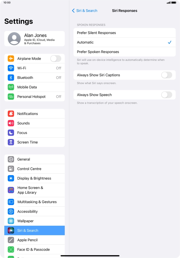 Press the required setting.