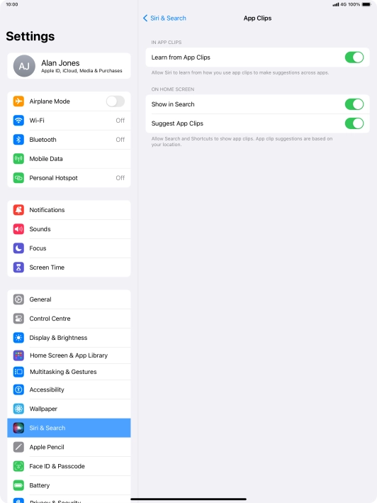 Press the indicators next to the required settings to turn them on or off.