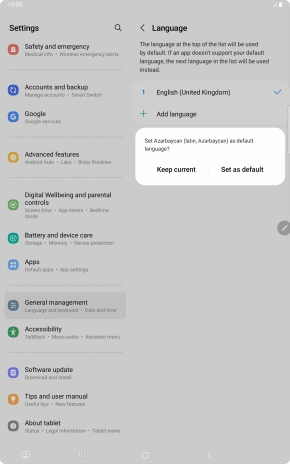 To select the new language as the default tablet language, press Set as default.