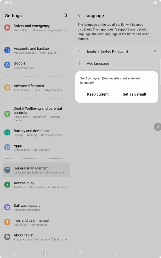 To select the new language as the default tablet language, press Set as default.