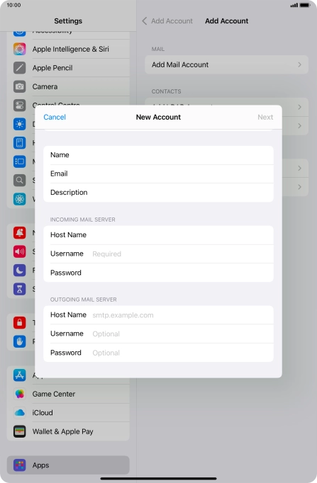 Press Username and key in the username for your email account.