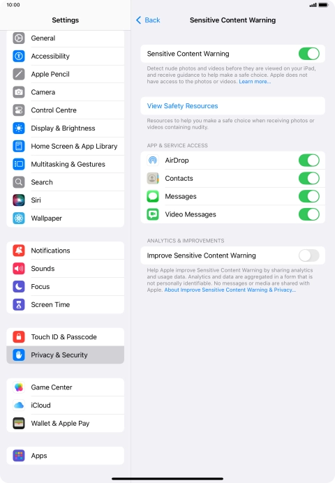 Press the indicators next to the required applications to turn the function on or off.