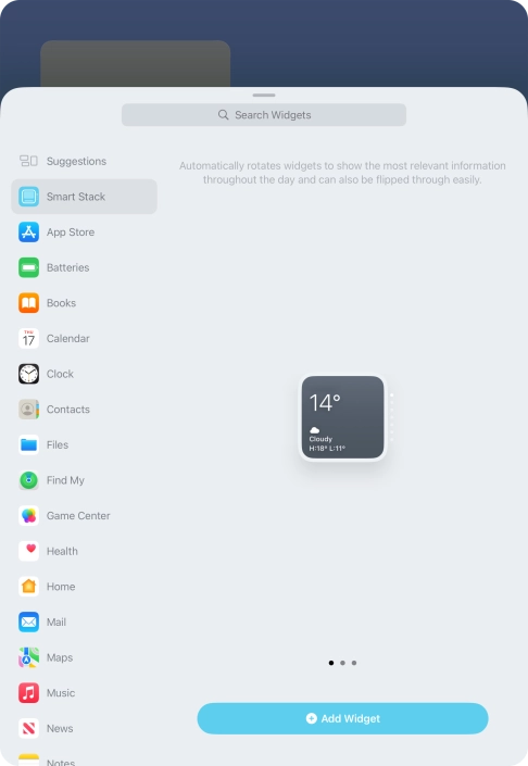 Slide your finger right or left on the screen to select the required widget size.