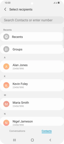 Press the search field and key in the first letters of the recipient's name.